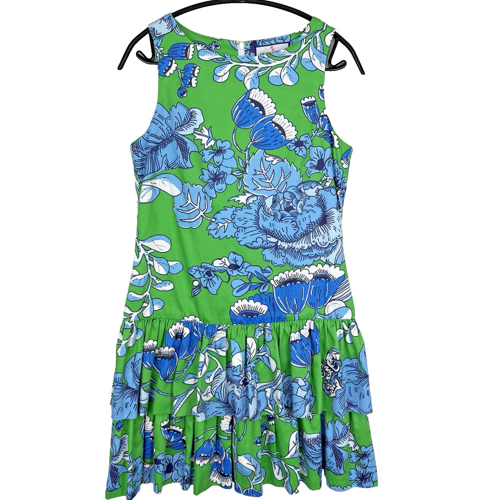 CK Bradley Pellegrina Dress Size XS Green Blue Floral Tiered Ruffle Flirty Fun